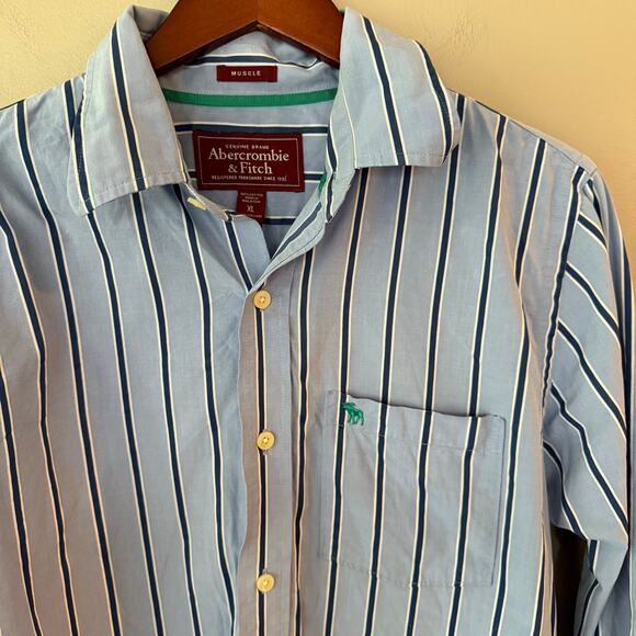 Vintage Y2K Abercrombie Fitch Button Up Muscle Shirt Mens XL Blue Stripe Preppy - Picture 2 of 11